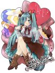  1girl absurdres aqua_eyes aqua_hair bow bowtie character_name chocolate crossed_legs food food_as_clothes fruit gift hair_bow hair_ornament hairclip hatsune_miku heart high_heels highres ichinose_natsuki long_hair shoes sitting skirt solo strawberry twintails very_long_hair vocaloid wink 