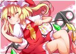  1girl ascot blonde_hair dress fang flandre_scarlet hat hat_ribbon kan_lee laevatein open_mouth pink_eyes puffy_sleeves red_dress ribbon shirt short_sleeves side_ponytail smile solo touhou wings wink 