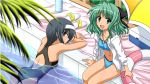  2girls blush green_eyes green_hair looking_back multiple_girls one-piece_swimsuit open_mouth partially_submerged short_hair sitting smile swimsuit vfenster 