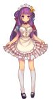  1girl alternate_costume apron blush bow breasts choker crescent enmaided hair_bow large_breasts long_hair maid maid_headdress mary_janes mio-muo1206 patchouli_knowledge purple_hair shoes simple_background solo touhou violet_eyes waist_apron white_background white_legwear 