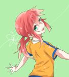  1boy from_behind green_eyes inazuma_eleven_(series) inazuma_eleven_go kirino_ranmaru looking_back male open_mouth pimgier raimon redhead simple_background soccer_uniform solo twintails 