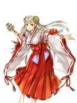  1girl alternate_costume artist_request barefoot capcom_fighting_jam detached_sleeves hairpods highres ingrid japanese_clothes long_hair miko official_art onimusha_soul red_eyes smile solo wand white_hair wide_sleeves 