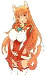  1girl :d animal_ears asobi_ni_iku_yo! bell bell_collar bodysuit breasts brown_hair cat_ears cat_tail collar eris_(asobi_ni_iku_yo!) large_breasts long_hair looking_at_viewer nishieda open_mouth orange_eyes simple_background smile solo tail thigh-highs white_background white_legwear 