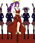  animal_ears belt blazer boots bow dress hair_bow highres ishimu katana long_hair moon_rabbit multiple_girls red_eyes short_hair simple_background skirt sword touhou watatsuki_no_yorihime weapon 