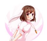  1girl :o animal_ears aps@shugyouchuu arms_behind_back brown_hair bunny_tail carrot dress inaba_tewi jewelry looking_at_viewer pendant pink_dress rabbit_ears red_eyes short_hair short_sleeves simple_background solo tail touhou v_arms white_background 
