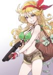  1girl bag bikini_top blonde_hair blue_eyes breasts cleavage dragon_ball fingerless_gloves gloves gun hair_ribbon large_breasts long_hair lunch_(dragon_ball) matsuryuu money navel ribbon shorts shotgun smile solo weapon 