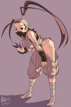  1girl ankle_wraps antenna_hair bandages barefoot bent_over breasts brown_eyes brown_hair dated fingerless_gloves gloves high_ponytail highres ibuki junkpuyo kunai long_hair ninja solo street_fighter street_fighter_iii weapon 