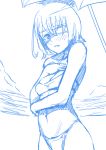  1girl another bikini blush breasts cleavage covering covering_breasts embarrassed eyepatch maydrawfag misaki_mei monochrome navel short_hair solo swimsuit umbrella 