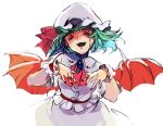  1girl aqua_hair ascot bat_wings blood blood_on_face brooch floating_hair hands hat hat_ribbon jewelry kodamahikari open_mouth puffy_short_sleeves puffy_sleeves red_eyes remilia_scarlet ribbon short_sleeves solo touhou white_background wings wrist_cuffs 