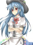  1girl blue_hair blush bow crossed_arms food fruit hat highres hinanawi_tenshi long_hair looking_at_viewer peach puffy_sleeves red_eyes shirt short_sleeves simple_background skirt sky solo tam-out_(datam) touhou very_long_hair white_background 