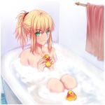  1girl bath bathing bathtub blonde_hair blush braid fate/apocrypha fate_(series) french_braid green_eyes highres long_hair nude ponytail rubber_duck saber_of_red smile soap_bubbles solo tusia wet 