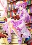  1girl book capelet crescent curtains glasses hat long_hair patchouli_knowledge purple_hair shoes sitting solo touhou villyane violet_eyes window 