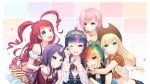  6+girls ahoge applejack aqua_eyes bangs bare_shoulders blonde_hair blue_eyes blunt_bangs blush bowtie english fingerless_gloves fluttershy food_themed_clothes friends gloves green_eyes hand_on_another&#039;s_head hand_on_shoulder happy happy_tears hat highres horn hug jewelry long_hair looking_at_viewer low-tied_long_hair multicolored_hair multiple_girls my_little_pony my_little_pony_friendship_is_magic necklace personification pink_eyes pink_hair pinkie_pie ponytail purple_hair rainbow_dash rainbow_hair rarity skirt smile symbol-shaped_pupils tears tsuruki_noki twilight_sparkle vertical_stripes vest violet_eyes wavy_hair wince wink wiping_tears 