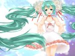  1girl ahoge dress floating_hair flower green_eyes green_hair hair_flower hair_ornament hatsune_miku highres long_hair nonaka_hako open_mouth outstretched_arms solo twintails very_long_hair vocaloid 