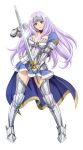  1girl annelotte armor armored_dress blue_eyes boots breasts cape choker cleavage eiwa forehead_protector gauntlets greaves long_hair purple_hair queen&#039;s_blade queen&#039;s_blade_rebellion skirt solo spaulders thigh-highs thigh_boots 