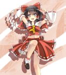  1girl arms_up ascot black_hair bow detached_sleeves gohei grey_eyes hair_bow hair_tubes hakurei_reimu highres long_hair long_sleeves looking_at_viewer midriff navel open_mouth shirt skirt skirt_set solo standing_on_one_leg touhou unomi wide_sleeves 