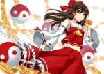  1girl brown_eyes brown_hair detached_sleeves gohei hair_tubes hakurei_reimu jenevan long_hair looking_at_viewer midriff ofuda sarashi solo touhou yin_yang 