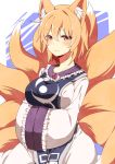  1girl animal_ears blonde_hair blush breasts fox_ears fox_tail hat hat_removed headwear_removed highres large_breasts multiple_tails short_hair smile solo tail touhou yakumo_ran yarawi yellow_eyes 