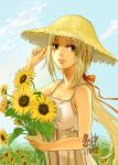  1girl dress flower hat long_hair original ponytail solo sun_hat sundress sunflower zishanjiang 