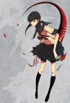  1girl autumn_leaves black_eyes black_hair black_legwear claws expressionless grey_background highres kneehighs leaf long_hair looking_at_viewer monster_girl original palow red_nails school_uniform serafuku signature solo standing tail twintails wind 