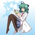  1girl blue_eyes blush chemical_structure green_hair looking_at_viewer necktie open_mouth pantyhose short_hair skirt smile solo vfenster 