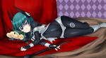  1girl bodysuit boots fingerless_gloves gloves green_hair hachi105 hair_ornament looking_at_viewer lying on_side original solo turtle 