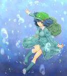  1girl araco backpack bag blue_eyes blue_hair breasts bubble hair_bobbles hair_ornament hat kawashiro_nitori key large_breasts looking_at_viewer pocket rubber_boots shirt skirt smile solo touhou twintails underwater 
