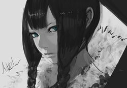  1girl blue_eyes braid expressionless front_braid fur_collar grey_background greyscale lips looking_at_viewer monochrome original palow portrait signature solo spot_color twin_braids 