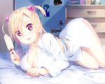  1girl bare_legs blonde_hair breasts cirno cleavage figure food ice_cream k-on! konpaku_youmu large_breasts looking_at_viewer nakano_azusa naked_shirt niwashi_(yuyu) on_bed open_mouth original red_eyes short_hair short_twintails smile solo touhou twintails 