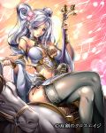  1girl breasts crossed_legs detached_sleeves flower grey_legwear hair_flower hair_ornament horse instrument large_breasts long_hair looking_at_viewer musical_note saburou_(hgmg) sitting solo souken_no_cross_age thigh-highs twintails violet_eyes 