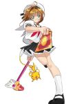  1girl brown_hair card cardcaptor_sakura clow_card foreshortening fuuin_no_tsue green_eyes hat kero kinomoto_sakura magical_girl nekogasuki school_uniform serafuku short_hair wand 