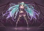  1girl anho artist_name belt boots bra garter_straps green_eyes green_hair hatsune_miku lace lace-trimmed_thighhighs long_hair navel skirt solo sweet_devil_(vocaloid) thigh-highs twintails underwear very_long_hair vocaloid 