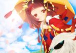  brown_hair hachitori_tobari japanese_clothes larvesta nobunaga_no_yabou okuni orange_eyes oriental_umbrella petals pokemon pokemon_(game) pokemon_+_nobunaga_no_yabou short_hair smile umbrella 