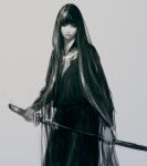  1girl grey_background ikeda_masateru katana lips long_hair monochrome original simple_background smile solo sword very_long_hair weapon 