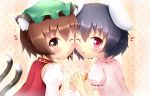  2girls animal_ears black_hair blush brown_eyes brown_hair carrot cat_ears cat_tail chen dress holding_hands inaba_tewi kane-neko multiple_girls rabbit_ears red_eyes short_hair tail touhou wink 