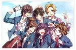  3boys 3girls blonde_hair brown_eyes brown_hair cellphone closed_eyes hair_bun happy holding_hands multiple_boys multiple_girls necktie phone purple_hair school_uniform smile vocaloid wink yakimochi_no_kotae_(vocaloid) yamako_(artist) 