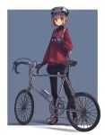  1girl artist_name astg backpack bag bicycle black_legwear blonde_hair brown_eyes cellphone fingerless_gloves gloves hat iphone legwear_under_shorts looking_at_viewer original pantyhose parted_lips phone road_bicycle shadow short_hair shorts standing 