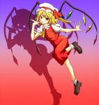  1girl ascot blonde_hair flandre_scarlet flying garando gradient gradient_background hat hat_ribbon leg_up light_smile looking_at_viewer mob_cap open_hand outstretched_arm pinky_out red_eyes ribbon shadow short_hair short_sleeves side_ponytail skirt skirt_set solo touhou wings 