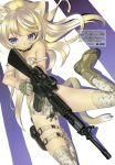  1girl absurdres animal_ears assault_rifle bare_shoulders between_breasts blade_(galaxist) blonde_hair blue_eyes boots bra breasts cat_ears cat_tail choker cleavage cross-laced_footwear digital_camouflage gloves gun highres holster long_hair lying m16 on_back open_mouth original panties pistol rifle scan solo strap_slip tail thigh-highs thigh_holster underwear underwear_only weapon 