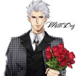  1boy archer bouquet brown_eyes fate/stay_night fate_(series) flower houndstooth mitsuki_mitsuno red_rose rose solo white_day white_hair 