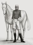  1boy boots diego_brando gloves greyscale hat highres horse jodhpurs jojo_no_kimyou_na_bouken miruru_souya monochrome realistic steel_ball_run sweater 