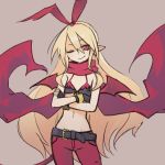  1girl ;) artist_request bare_shoulders belt bikini_top black_gloves blonde_hair bracelet crossed_arms demon_tail demon_wings disgaea disgaea_d2 fingerless_gloves flat_chest flonne flonne_(fallen_angel) front-tie_top gloves hair_ribbon highres jewelry laharl-chan_(cosplay) midriff mound_of_venus navel pointy_ears red_eyes red_scarf ribbon scarf solo tail wings wink 