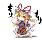  1girl blonde_hair bow chibi flat_gaze hair_bow hat hat_bow hat_ribbon highres long_hair ribbon solo touhou translation_request yakumo_yukari yellow_eyes yume_shokunin 