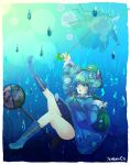  1girl backpack bag blue_eyes blue_hair blush boots bubble cap hair_bobbles hair_ornament hat highres kaenuco kawashiro_nitori key one-piece_swimsuit open_mouth short_hair sign skirt solo swimsuit swimsuit_under_clothes touhou twintails umbrella underwater 