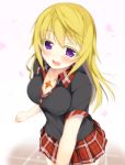  1girl blonde_hair blush breasts casual charlotte_dunois cleavage haru_(artist) highres infinite_stratos jewelry long_hair pendant petals plaid plaid_skirt pleated_skirt skirt smile solo violet_eyes 
