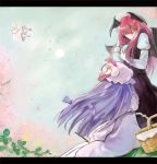  3girls basket bat_wings book closed_eyes crescent dress hat head_wings koakuma letterboxed lily_white long_hair lowres multiple_girls patchouli_knowledge petals puffy_sleeves purple_hair redhead touhou vest wings yosakoi153 