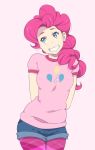  1girl arms_behind_back blue_eyes breasts grin ichan-desu long_hair my_little_pony my_little_pony_friendship_is_magic pantyhose pink_hair pink_legwear pinkie_pie shorts smile solo t-shirt 