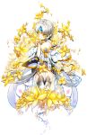  1girl absurdres bare_shoulders braid detached_sleeves dress elsword eve_(elsword) flower highres poseich short_hair solo thigh-highs thigh_gap white_hair yellow_eyes 