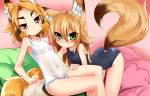  2girls absurdres animal_ears blush brown_eyes brown_hair fox_ears fox_tail green_eyes haik highres kokonoe_tsubaki long_hair multiple_girls orange_hair original swimsuit tail 