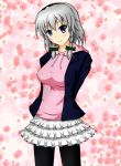  1girl akaiaisu alternate_costume arms_behind_back blue_eyes blush bow braid cherry_blossoms contemporary frills hair_bow head_tilt headband izayoi_sakuya jacket light_smile looking_at_viewer pantyhose pink_background pullover short_hair silver_hair skirt solo touhou twin_braids 